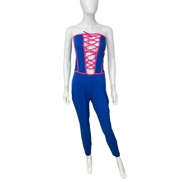 Blue Strapless jumpsuit Pink Lace up - Picture 1 of 5